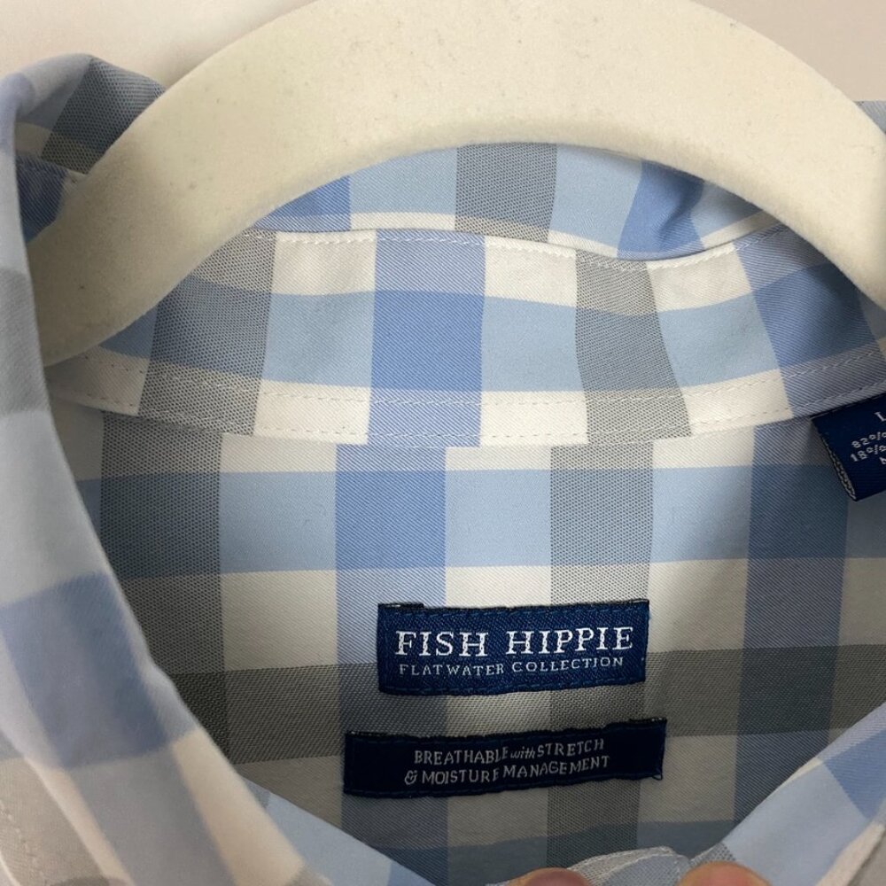Fish Hippie Check Plaid Button Down Shirt Mens‎ Large Long Sleeve Blue Grey - Picture 4 of 8